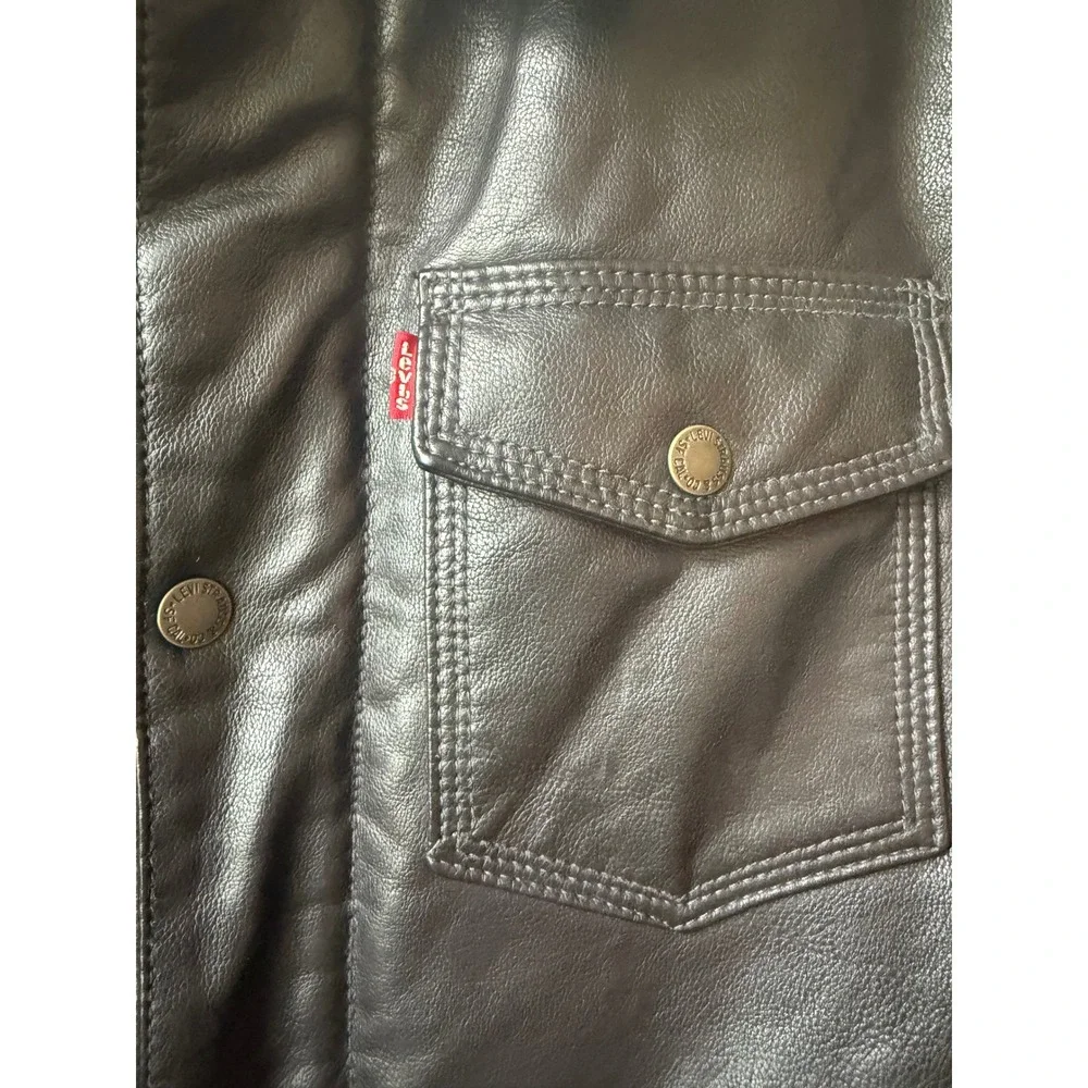 Levis Mens Black Faux Leather Sherpa Trucker Jacket Size S‎ Bomber Full Zip - Picture 5 of 13